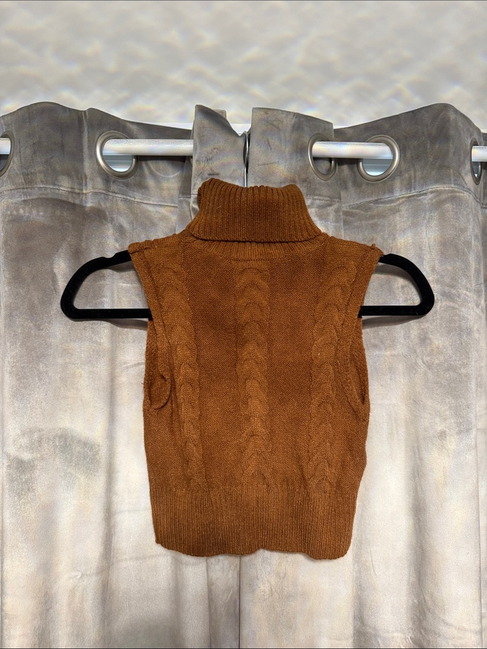 Burnt Orange Cable Knit Sleeveless Turtleneck Crop Sweater